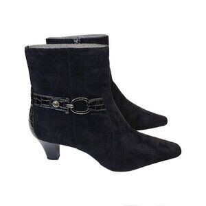 Anne Klein Greta Black Suede Buckle Bootie Shootie Ankle Boots 9M